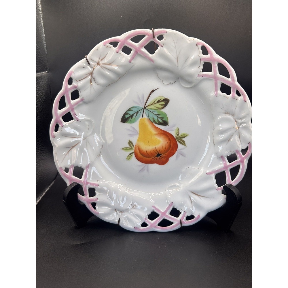 Ceramic Reticulated Pear Plate White Glazed Pink Trimmed 8" Diameter - Picture 1 of 4